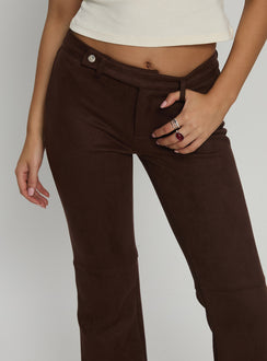 front view of model wearing Princess Polly Final Shot Faux Suede Pants Brown Low Rise Pants 