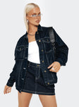 Dark wash denim jacket Contrast stitching, button fastening at front, classic collar, twin chest pockets