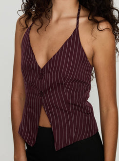 No Sleep Halter Top Burgundy Pinstripe