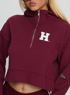back view of model wearing Princess Polly Harvard Buttersport Half-zip Hoodie Crimson cropped 