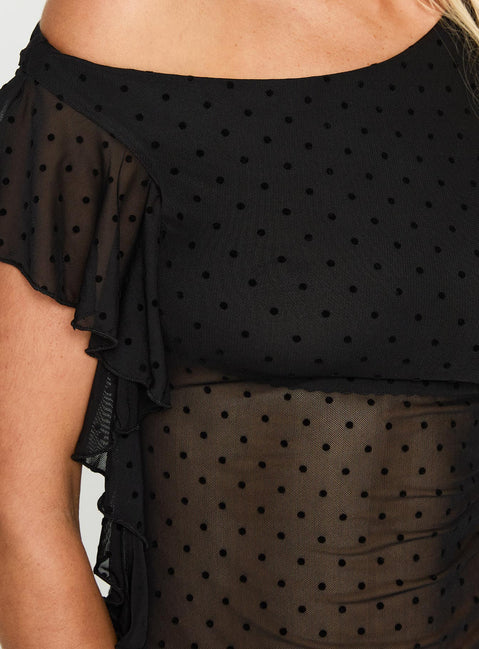 back view of model wearing Princess Polly Cicero One Shoulder Frill Top Black Sleeveless Asymmetric Neckline 