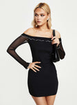 Front view of model wearing  front Princess Polly Asymmetric Neckline  Arsema Off The Shoulder Mini Dress Black