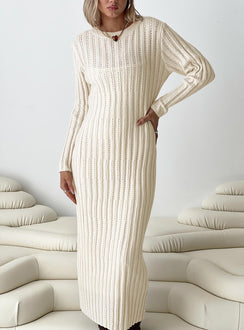 Front view of model wearing  front Princess Polly Crew Neck  Rahne Long Sleeve Knit Maxi Dress Cream