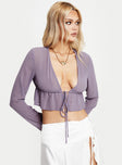 Front view of model wearing  front Princess Polly Full Sleeves Square Neck  Fazio Top Long Sleeve Purple