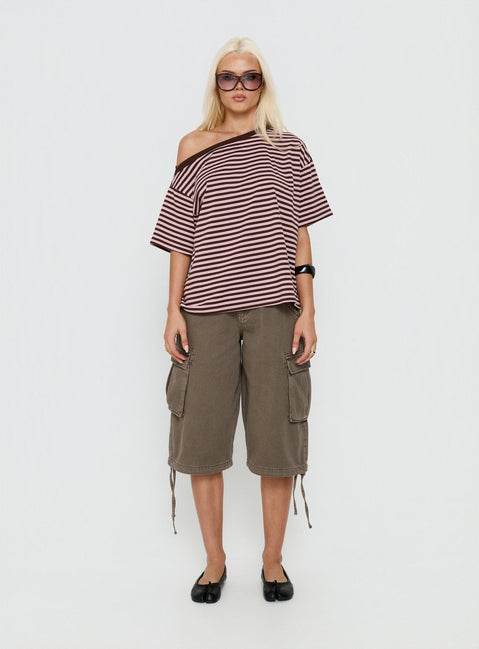 Settle Down One Shoulder Top Pink / Chocolate Stripe