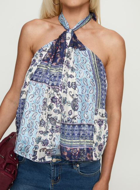 Ferne Tie Neck Top Blue Multi