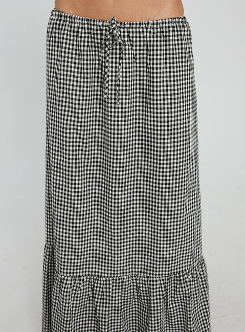 back view of model wearing Princess Polly Modern Girl Maxi Skirt Black / White Gingham Maxi 