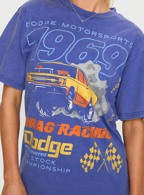 back view of model wearing Princess Polly Dodge 1969 Oversized Graphic Top Blue Half Sleeves Crew Neck 