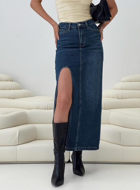Front view of model wearing  front Saige Denim Maxi Skirt Mid Wash Princess Polly  Midi Skirts 