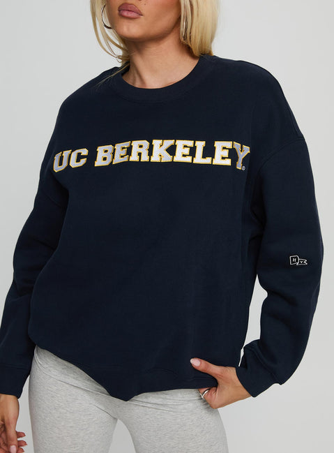 front view of model wearing Princess Polly UC Berkeley Offside Crewneck Sweatshirt Navy 