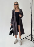 Trench coat Relaxed fit, wide lapel collar, double-breasted front, tie fastening, belt loops with detachable belt, twin hip pockets