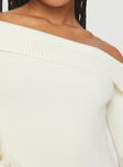 side view of model wearing Princess Polly Sina Off The Shoulder Top Cream Full Sleeves Asymmetric Neckline 