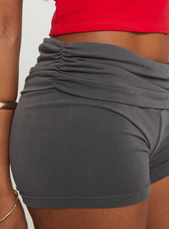 back view of model wearing Princess Polly Take Me Out Shorts Slate High Waisted Shorts 