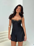 Front view of model wearing  front Princess Polly Scoop Neck  Floreto Mini Dress Black Petite