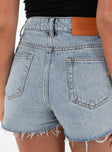 back view of model wearing Princess Polly Laurena Denim Shorts Petite Lower Impact High Waisted Shorts 