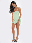 Front view of model wearing  front Princess Polly Crew Neck  Moniz Mini Dress Sage Petite