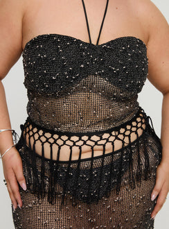 back view of model wearing Princess Polly Alnet Top Black Curve Sleeveless Sweetheart 