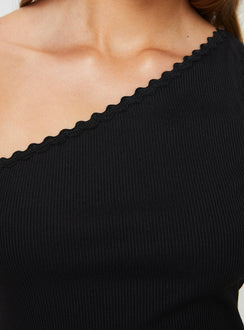 back view of model wearing Princess Polly Cillo One Shoulder Top Black Sleeveless Asymmetric Neckline 