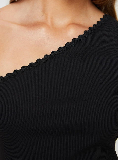 back view of model wearing Princess Polly Cillo One Shoulder Top Black Sleeveless Asymmetric Neckline 