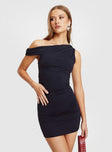 front view of model wearing Princess Polly Marcou Mini Dress Black Petite Asymmetric Neckline 