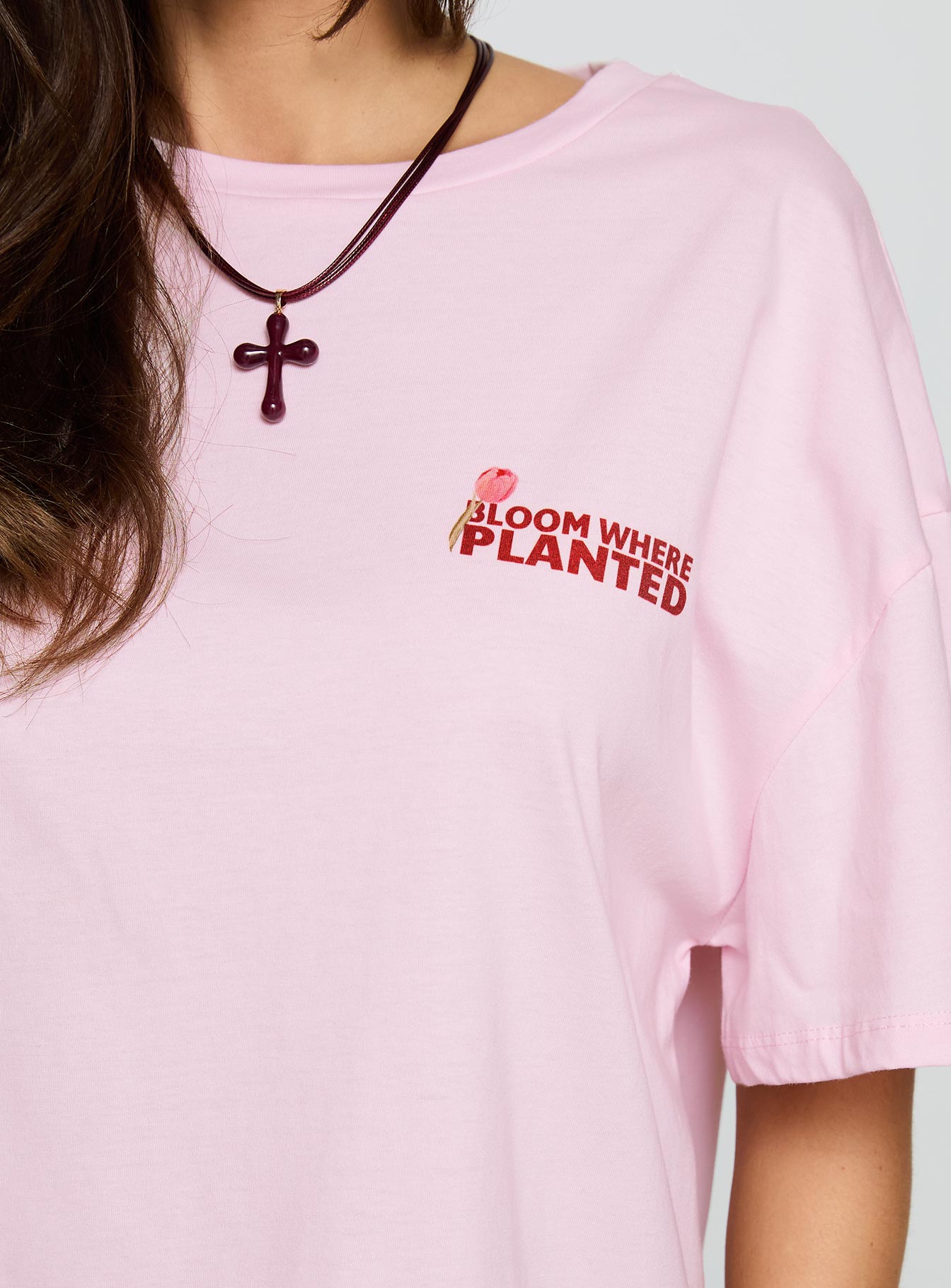 side view of model wearing Princess Polly Flower Chart Oversized Tee Pink Half Sleeves Crew Neck 