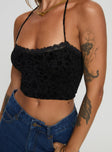 Crop top Halter neck tie fastening, lace trim Good stretch, fully lined