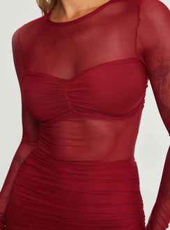 back view of model wearing Princess Polly Hapstall Long Sleeve Mini Dress Burgundy Crew Neck 