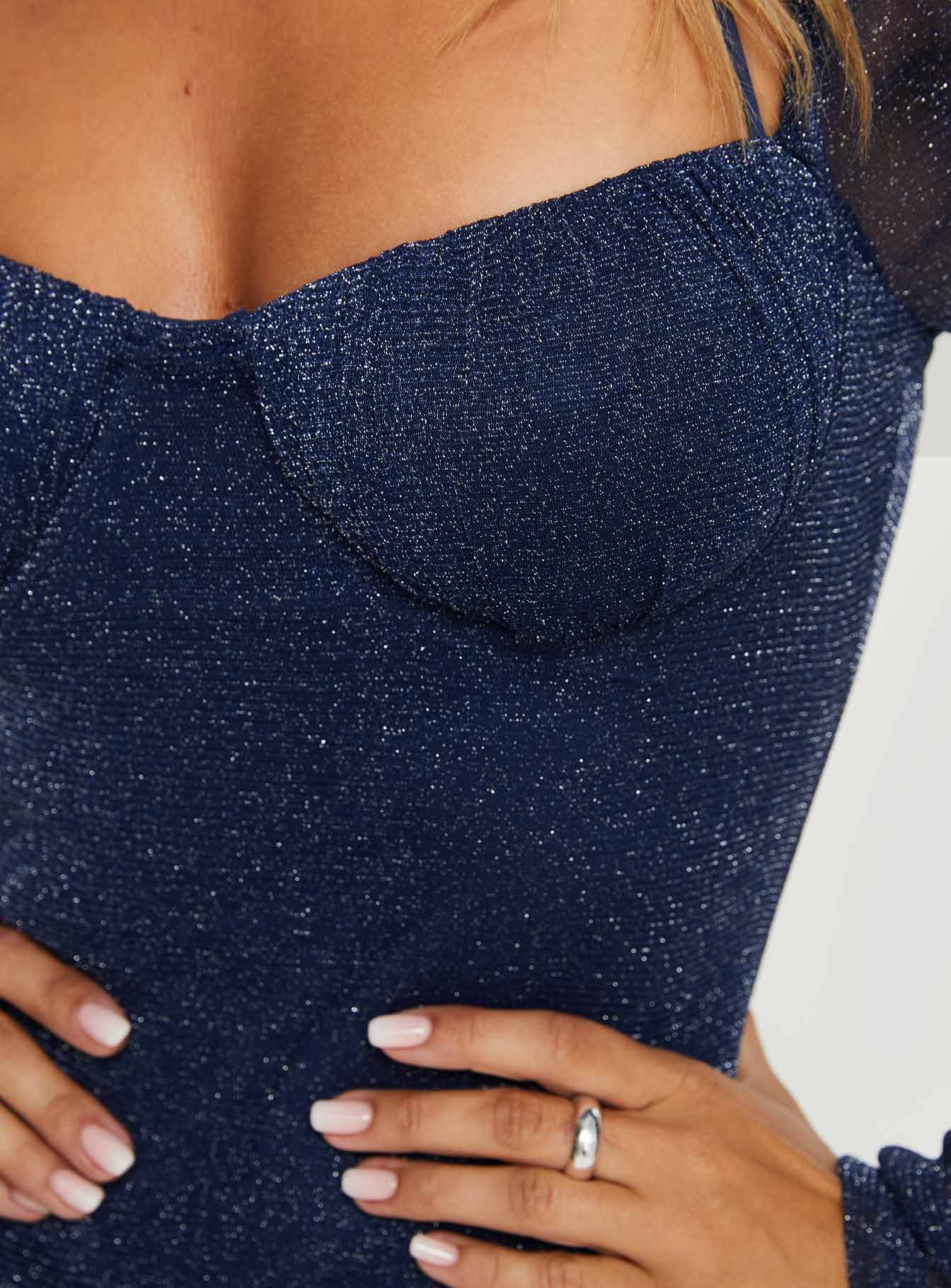 back view of model wearing Princess Polly Ryssa Sheer Sleeve Mini Dress Navy Glitter Sweetheart Neckline 
