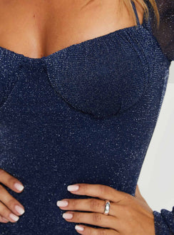 back view of model wearing Princess Polly Ryssa Sheer Sleeve Mini Dress Navy Glitter Sweetheart Neckline 