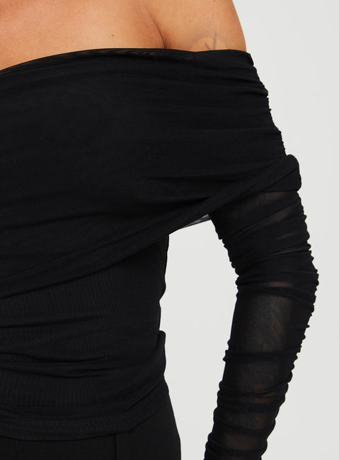 back view of model wearing Princess Polly Rosenfield Off The Shoulder Top Black Full Sleeves straight 