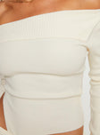 Long sleeve top Knit-like material, folded neckline, can be worn off the shoulder, split at side  Good stretch, unlined 