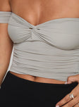 Off the shoulder top Twist bust detail, sweetheart neckline Good stretch, lined bust Princess Polly Lower Impact 