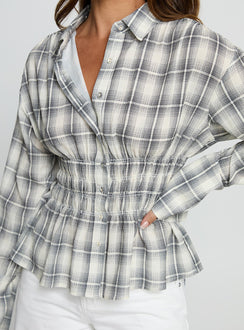As You Are Shirred Button Up Top Black Check