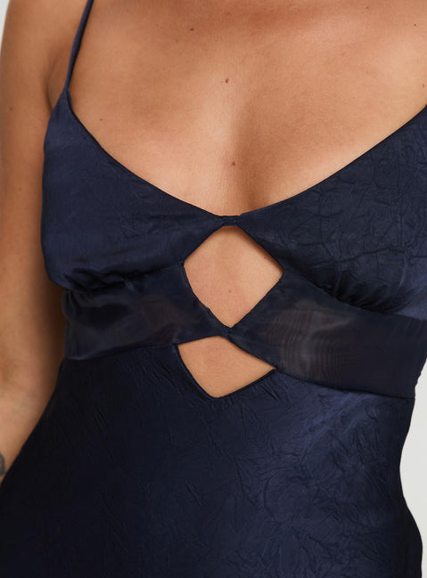 back view of model wearing Princess Polly Leroux Maxi Dress Navy Sweetheart Neckline 