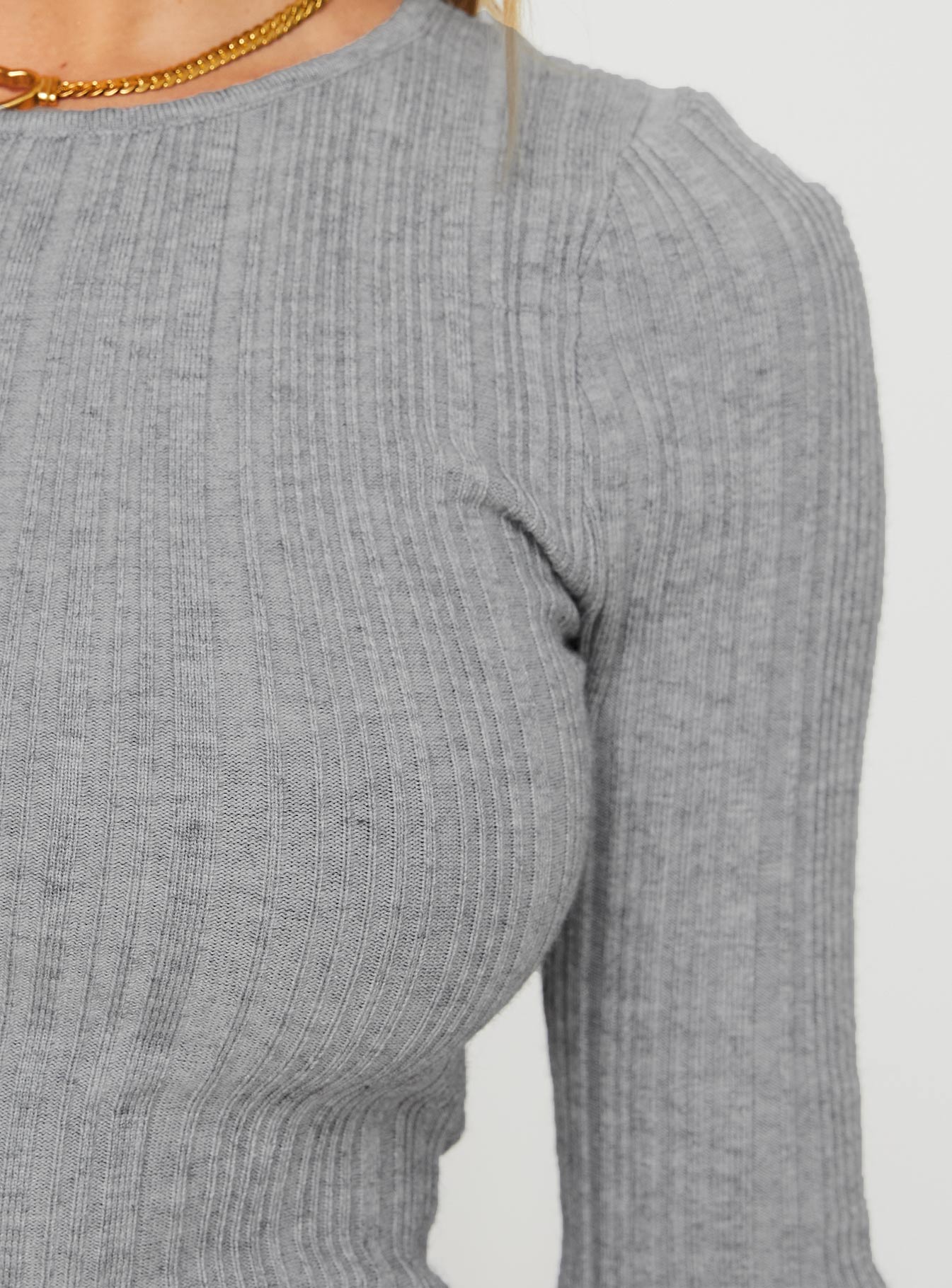 back view of model wearing Princess Polly Tomita Long Sleeve Mini Dress Grey Marle Crew Neck 