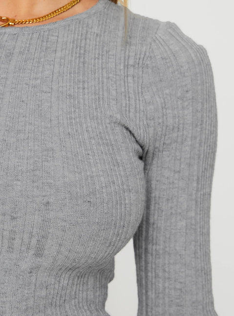 back view of model wearing Princess Polly Tomita Long Sleeve Mini Dress Grey Marle Crew Neck 