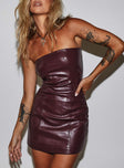 front view of model wearing Princess Polly Hailey Strapless Mini Dress Burgundy Straight Neck 