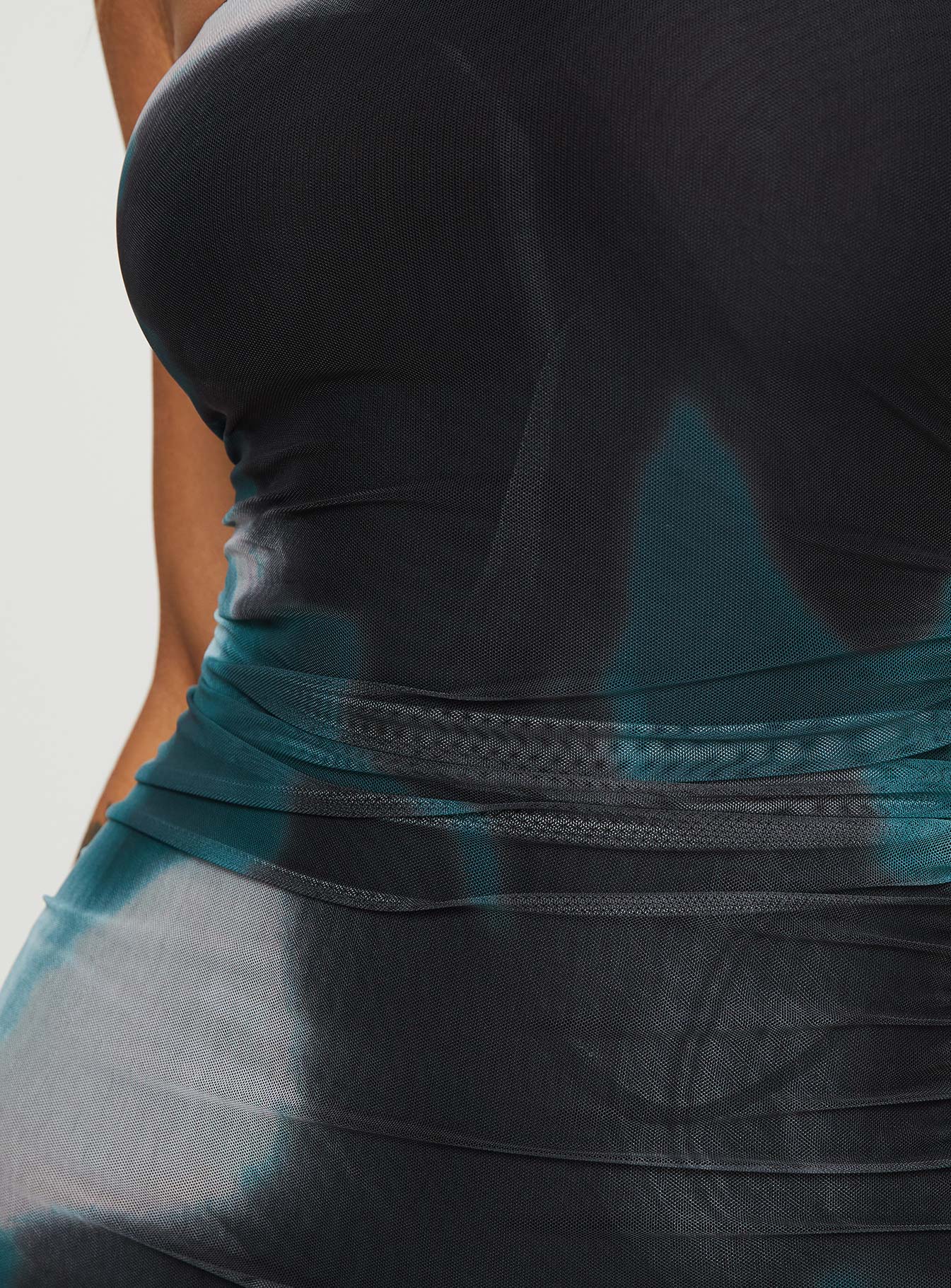 back view of model wearing Princess Polly Micah Mini Dress Navy Multi Straight Neck 