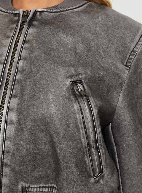 Faux leather bomber jacket High neckline, zip fastening, twin hip pockets, elasticated waistband and cuff Non-stretch material, fully lined 