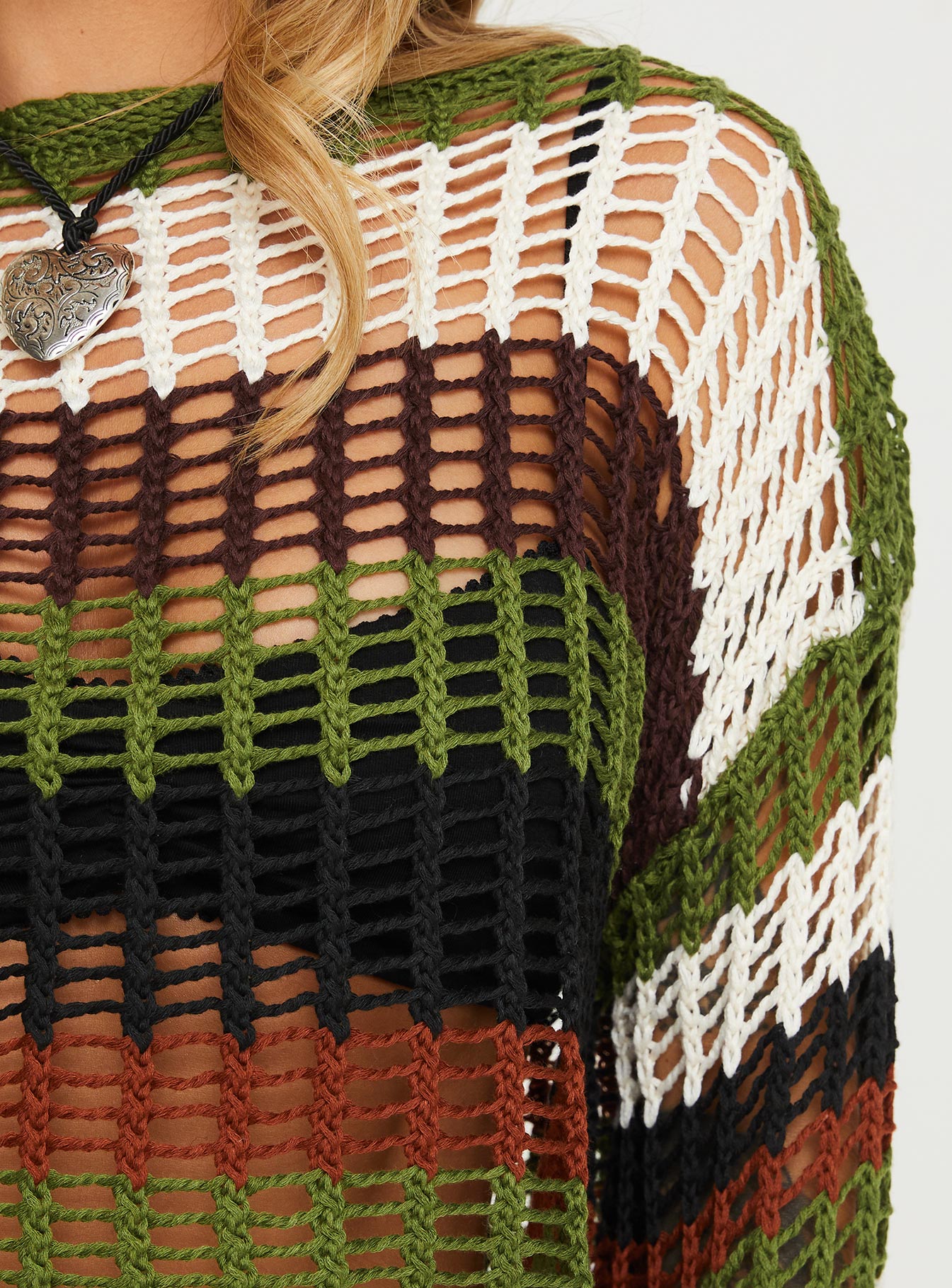 back view of model wearing Princess Polly Baizen Knit Sweater Sage Multi Cropped 