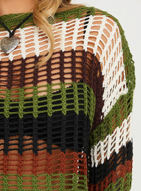 back view of model wearing Princess Polly Baizen Knit Sweater Sage Multi Cropped 