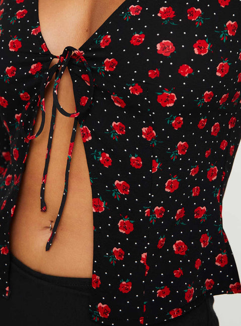 product Princess Polly Afia Long Sleeve Top Black / Red Full Sleeves Plunger 