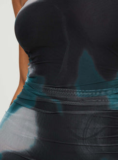 back view of model wearing Princess Polly Micah Mini Dress Navy Multi Petite Straight Neck 