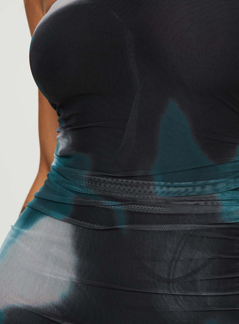 back view of model wearing Princess Polly Micah Mini Dress Navy Multi Petite Straight Neck 