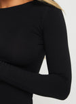 back view of model wearing Princess Polly Lex Long Sleeve Mini Dress Black Petite Crew Neck 