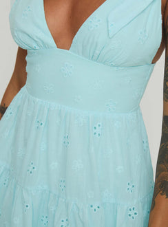 back view of model wearing Princess Polly Galvis Mini Dress Blue Plunger 