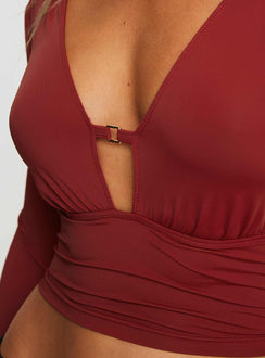 back view of model wearing Princess Polly Maier Long Sleeve Top Red Full Sleeves Plunger 