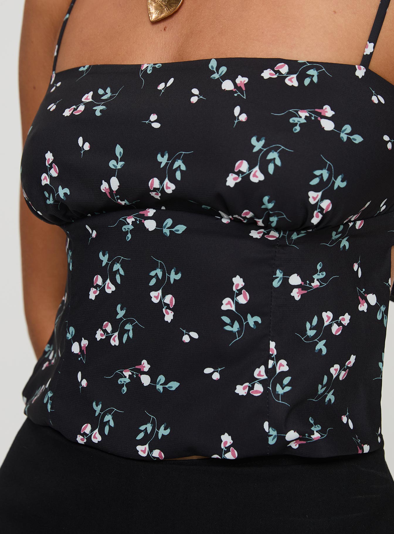 back view of model wearing Princess Polly Orionis Top Black Sleeveless Square Neck 