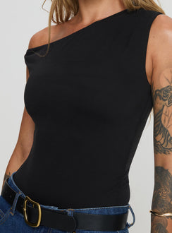 side view of model wearing Princess Polly Miyako Bodysuit Black Tall Sleeveless 