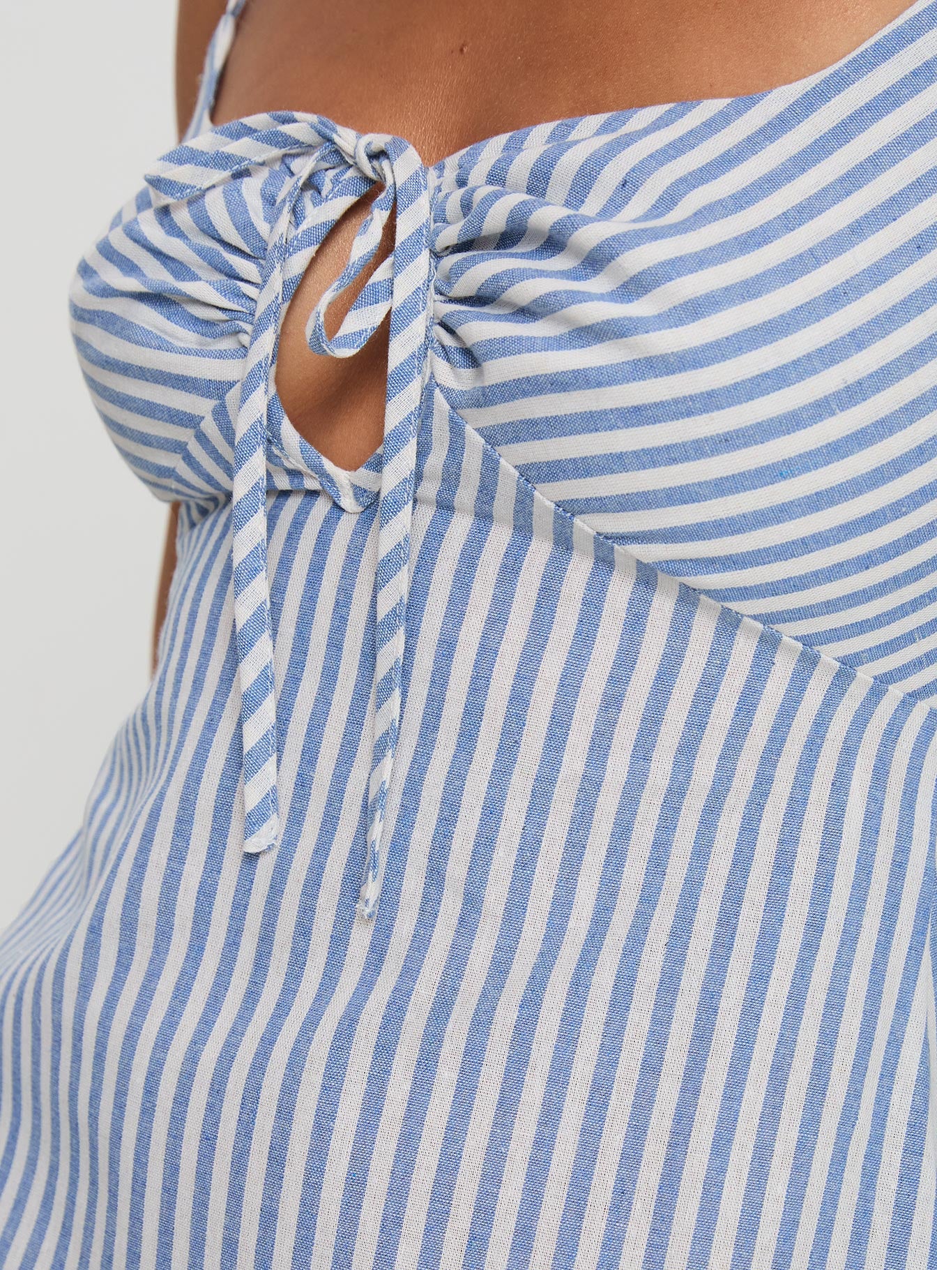 back view of model wearing Princess Polly Kearns Mini Dress Blue Stripe Scoop Neck 